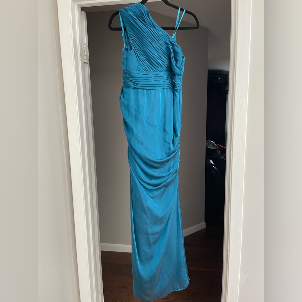 Adriana papell red label teal floral beaded draped pleated one shoulder dress - Picture 3 of 3